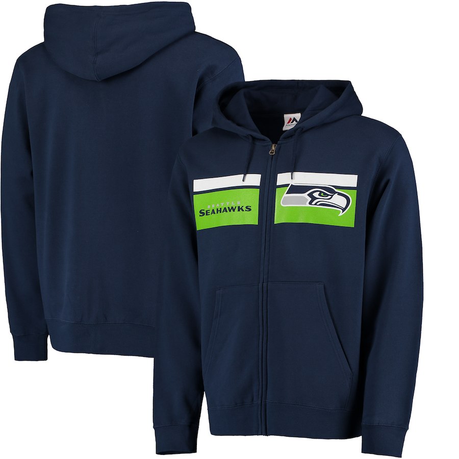 Men's Seattle Seahawks Navy Majestic Touchback Full-Zip 2018 NFL Hoodie